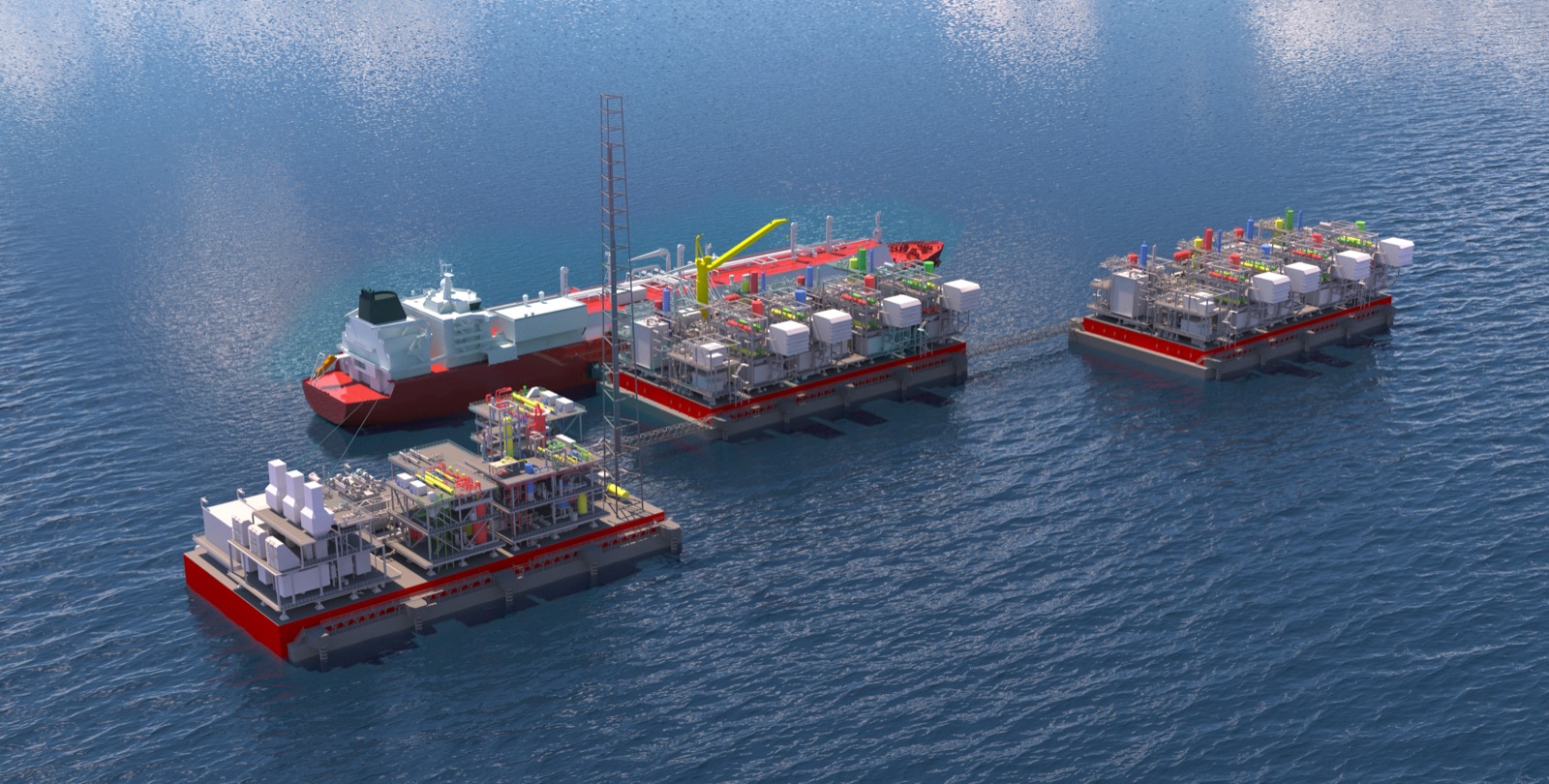 Rendering of floating METS liquefaction modules with an LNG carrier loading