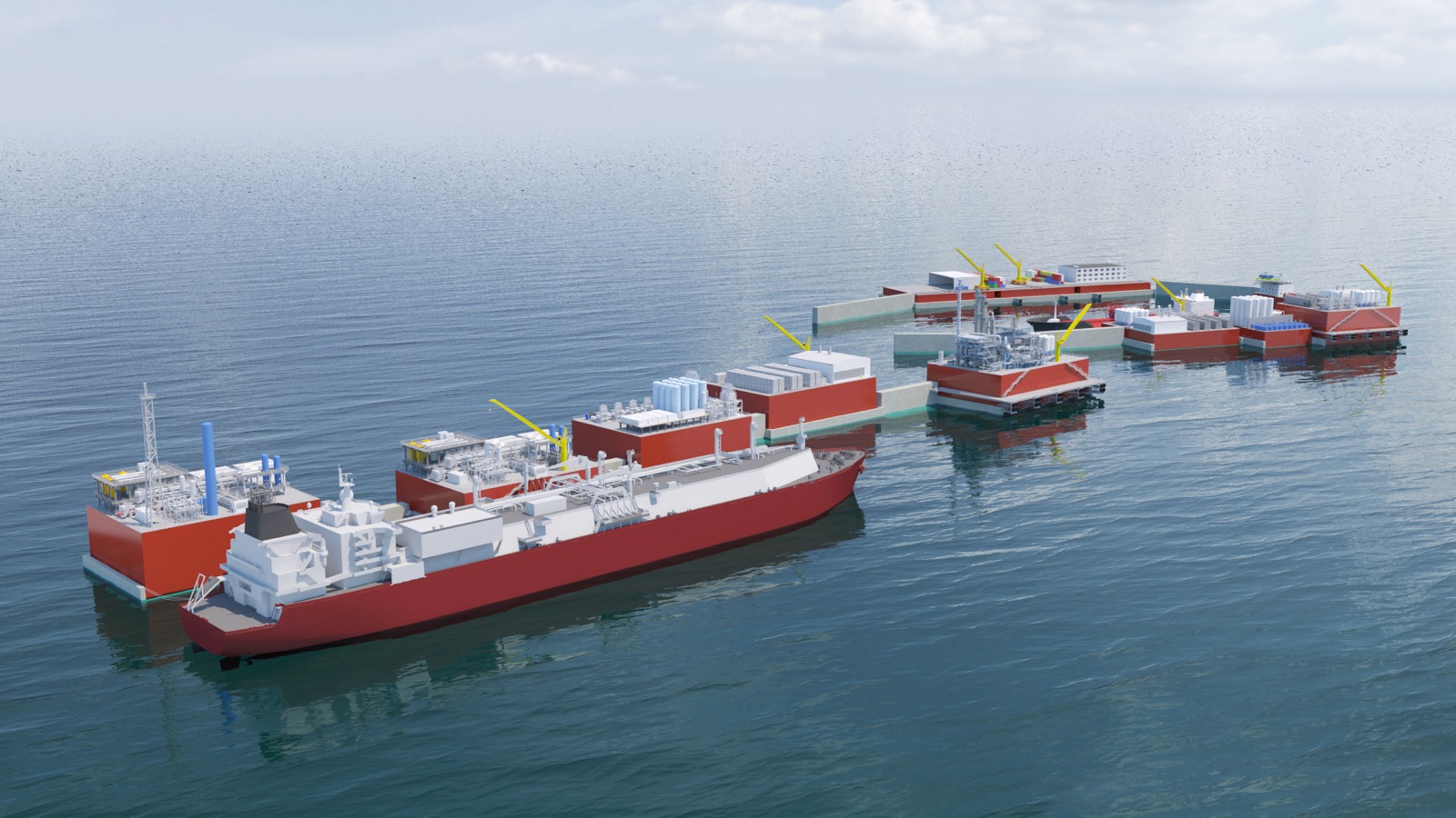 Rendering of a METS terminal: modular gravity-based units with process modules and an LNG carrier alongside